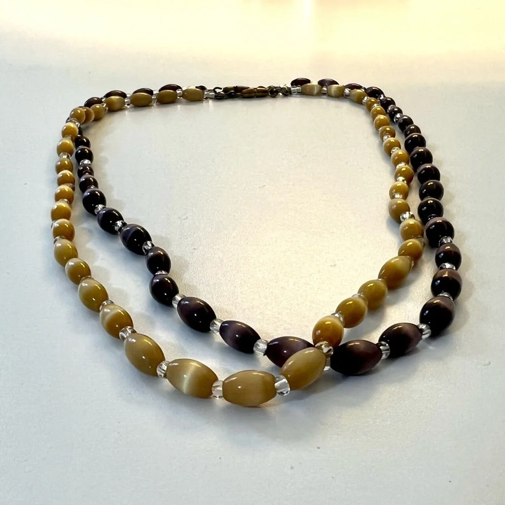 Vintage Purple Yellow Tiger Eye Jade Traditional Chinese Necklace Set Bead Asian